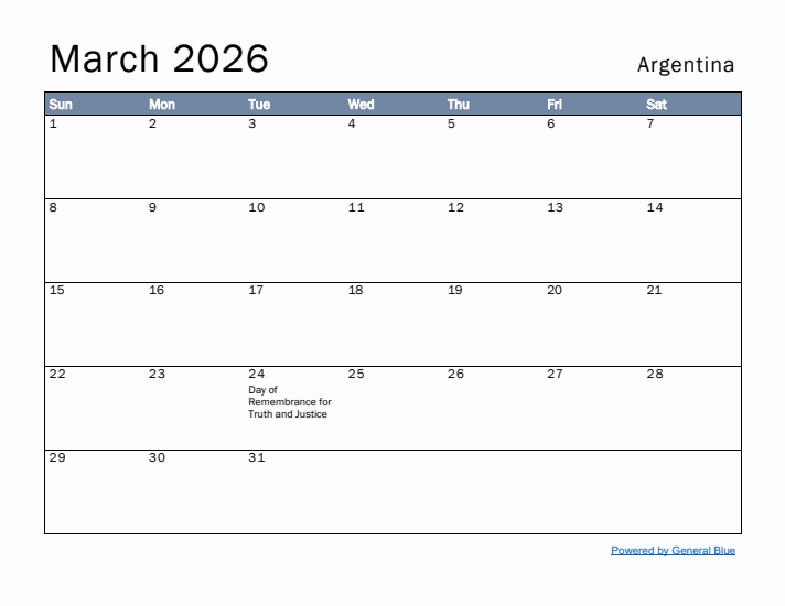 March 2026 Simple Monthly Calendar for Argentina