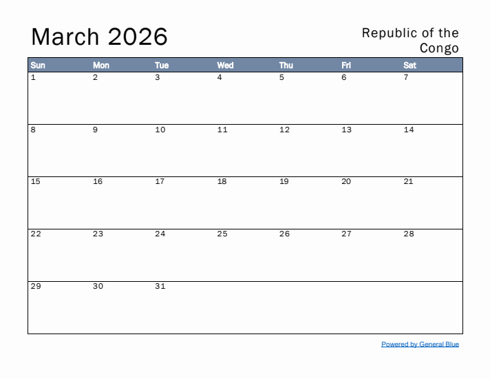 March 2026 Simple Monthly Calendar for Republic of the Congo