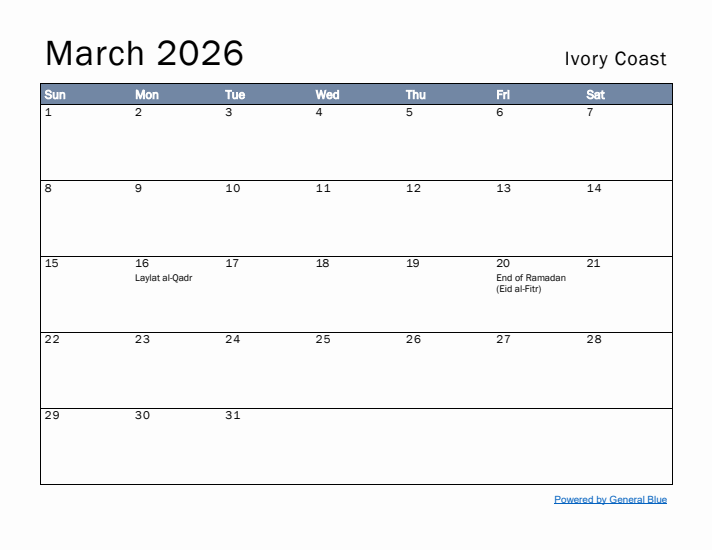 March 2026 Simple Monthly Calendar for Ivory Coast
