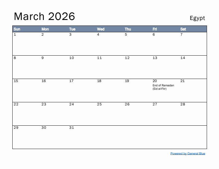 March 2026 Simple Monthly Calendar for Egypt