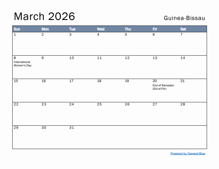 March 2026 Simple Monthly Calendar for Guinea-Bissau