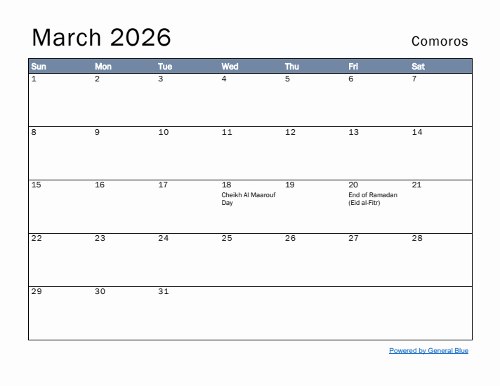 March 2026 Simple Monthly Calendar for Comoros