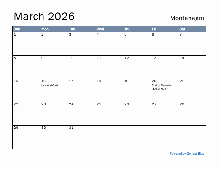 March 2026 Simple Monthly Calendar for Montenegro