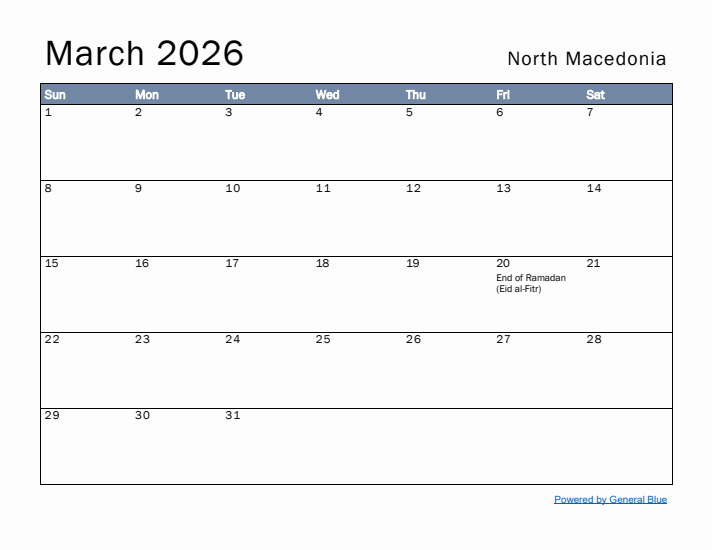 March 2026 Simple Monthly Calendar for North Macedonia
