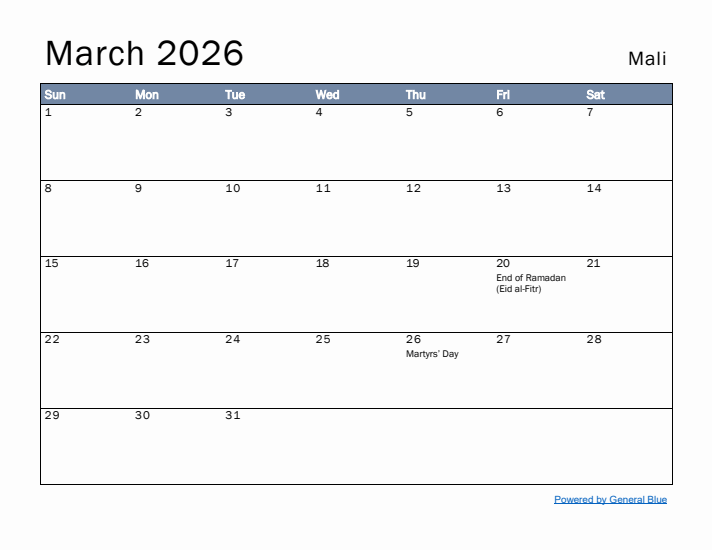March 2026 Simple Monthly Calendar for Mali