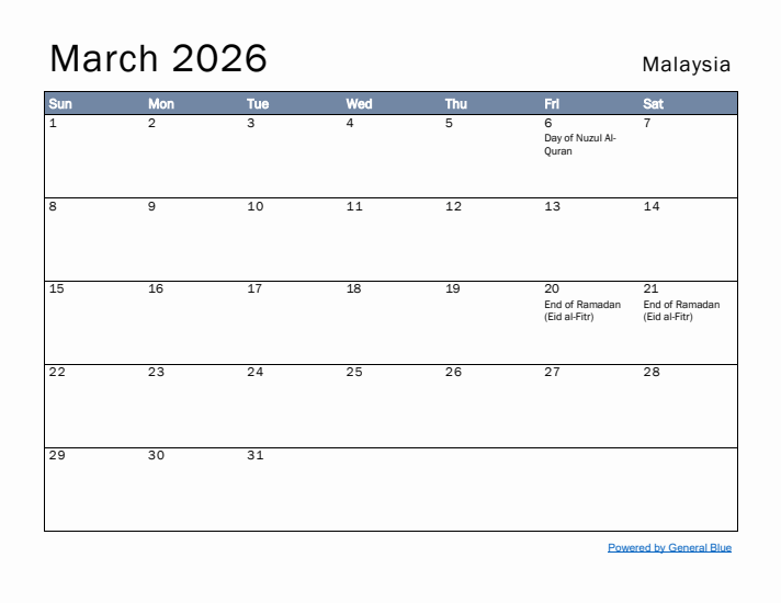 March 2026 Simple Monthly Calendar for Malaysia