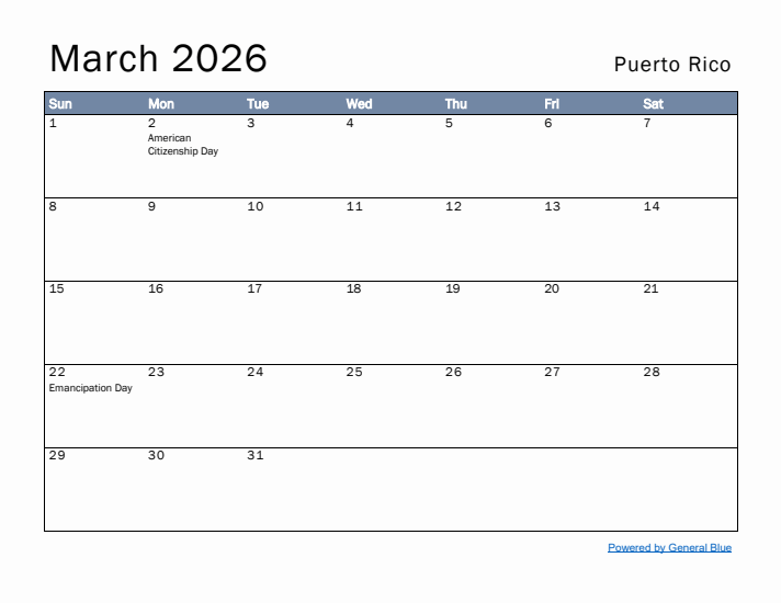 March 2026 Simple Monthly Calendar for Puerto Rico