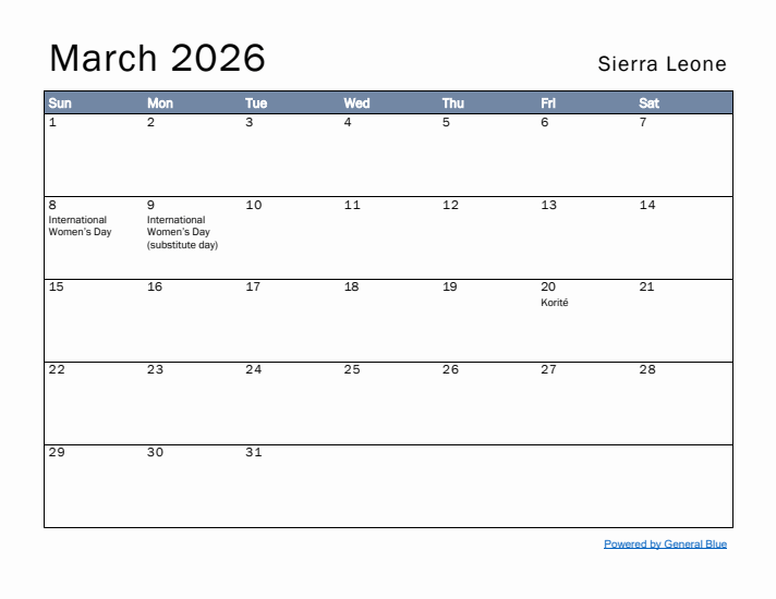 March 2026 Simple Monthly Calendar for Sierra Leone