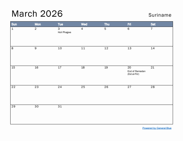 March 2026 Simple Monthly Calendar for Suriname