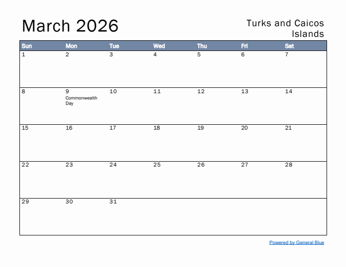 March 2026 Simple Monthly Calendar for Turks and Caicos Islands