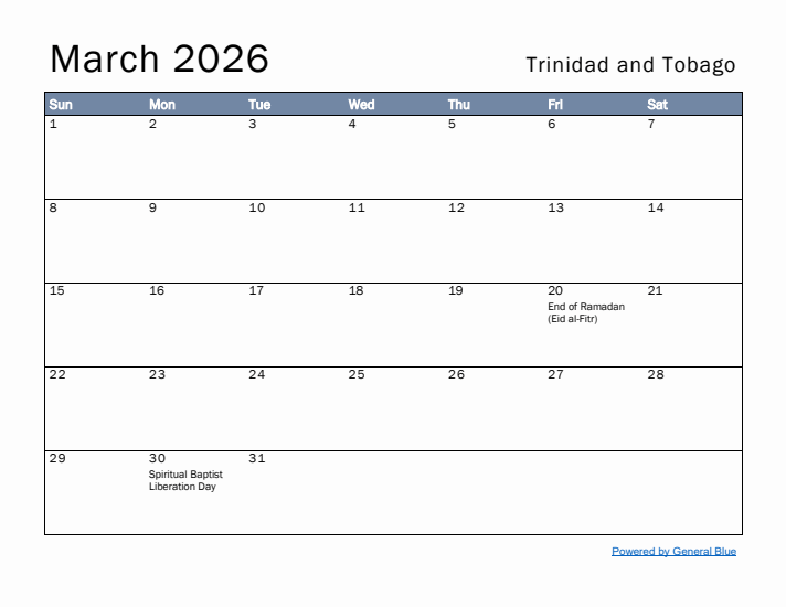 March 2026 Simple Monthly Calendar for Trinidad and Tobago