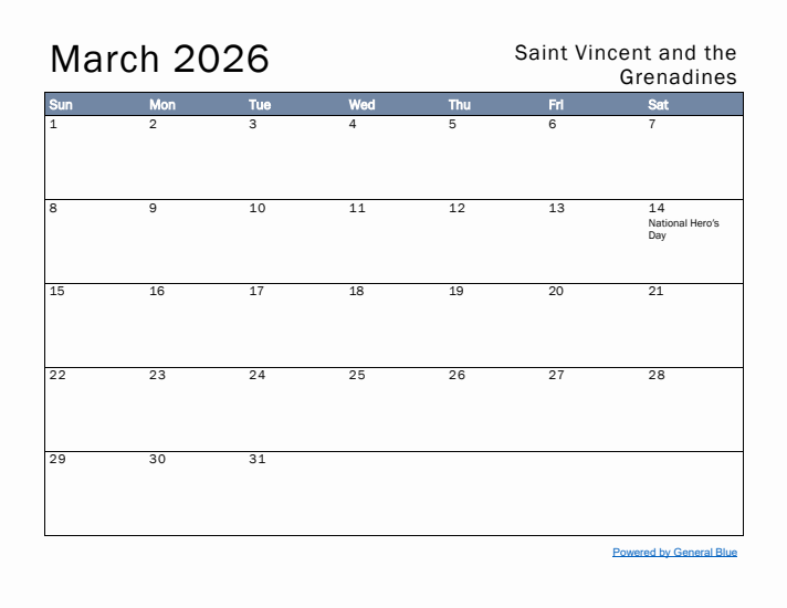 March 2026 Simple Monthly Calendar for Saint Vincent and the Grenadines