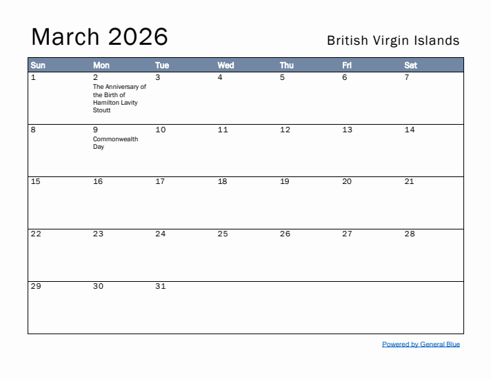 March 2026 Simple Monthly Calendar for British Virgin Islands