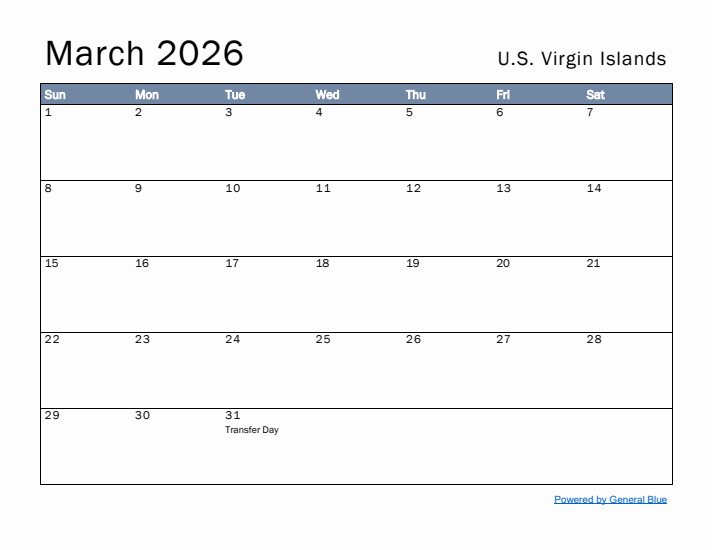 March 2026 Simple Monthly Calendar for U.S. Virgin Islands