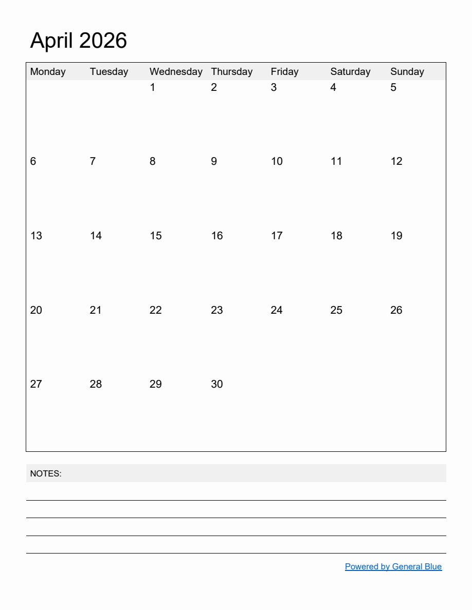 Free Printable Monthly Calendar for April 2026 Free Printable Monthly Calendar for April 2026