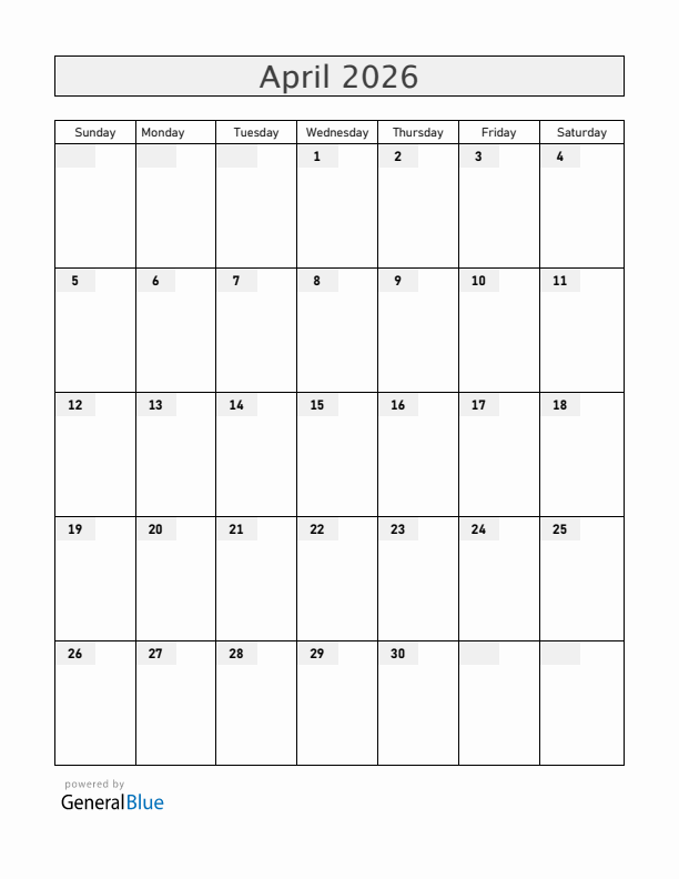 Blank April 2026 Calendar
