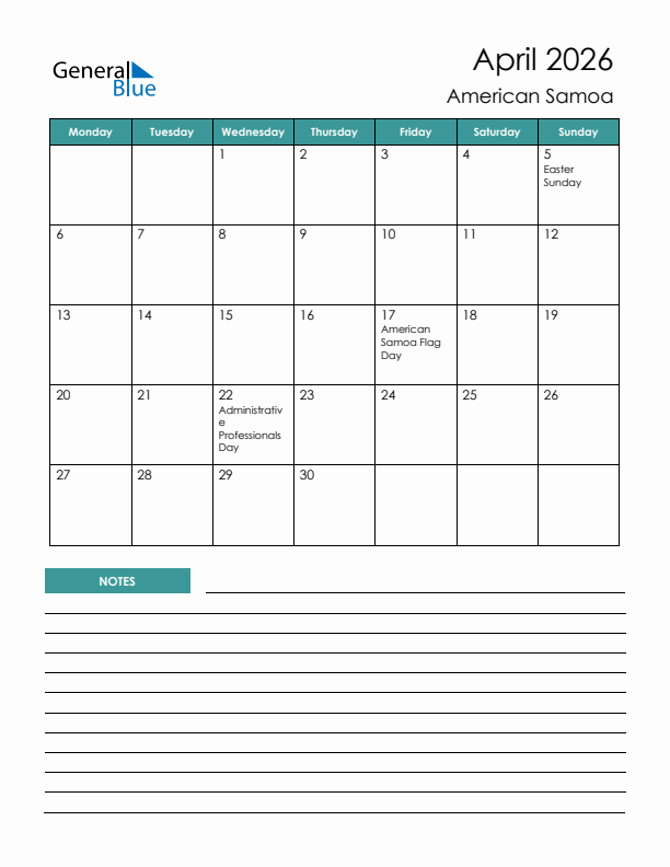 Calendar with Notes Printable - Monday Start