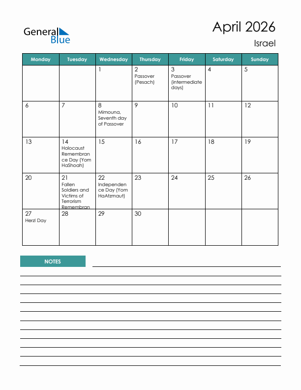 Calendar with Notes Printable - Monday Start