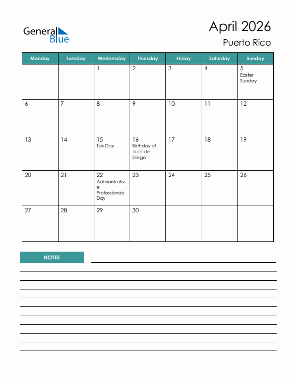 Calendar with Notes Printable - Monday Start