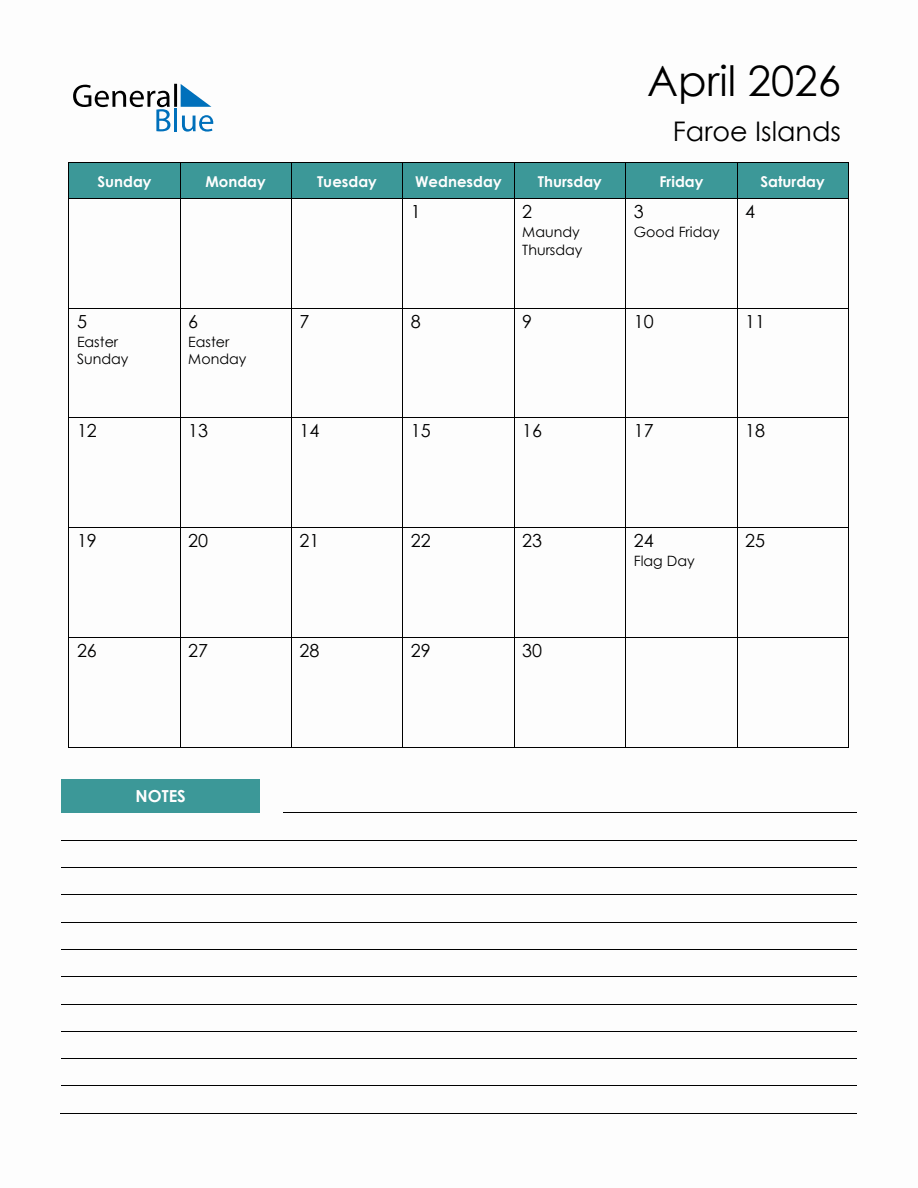 Monthly Planner with Faroe Islands Holidays - April 2026