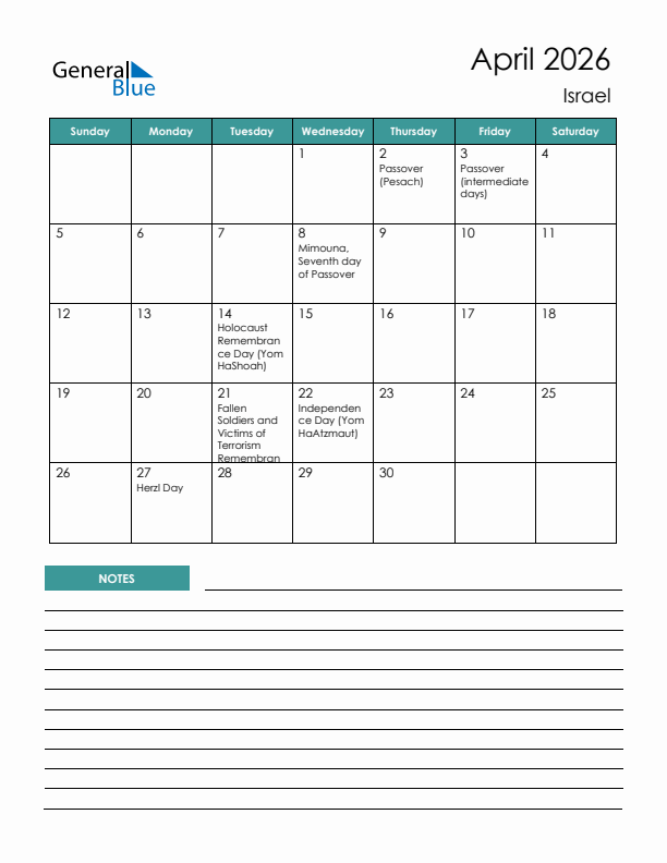 Calendar with Notes Printable - Sunday Start