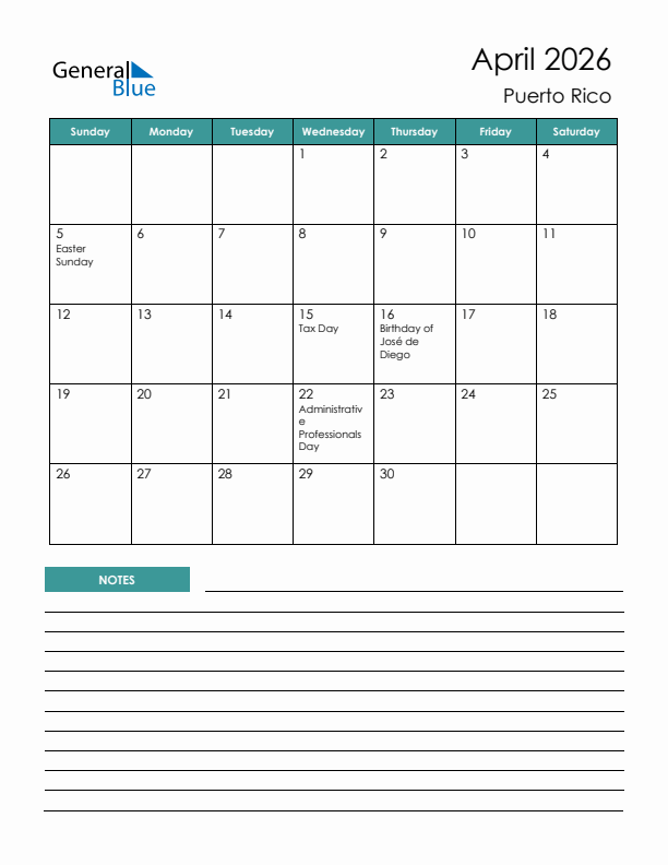 Calendar with Notes Printable - Sunday Start