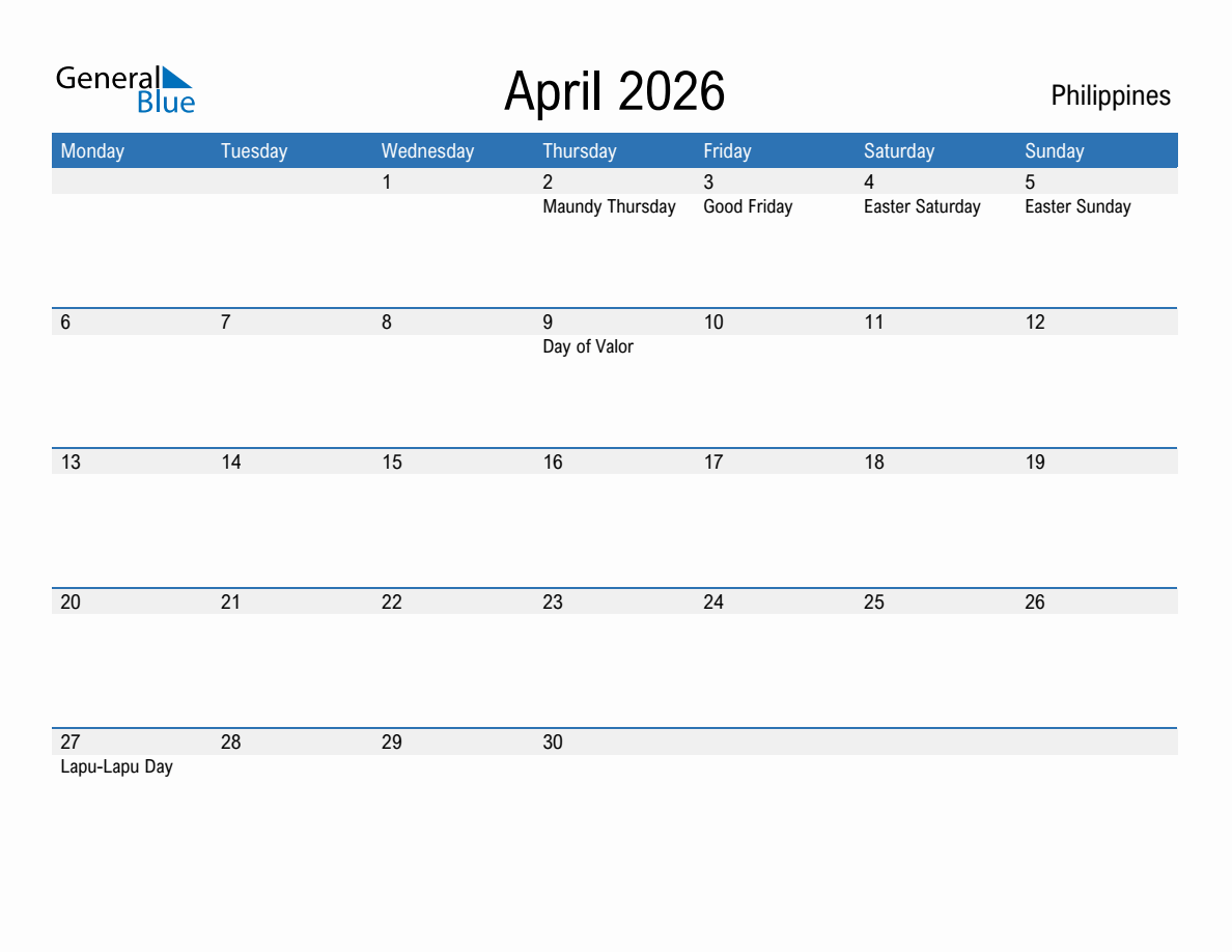 Editable April 2026 Calendar with Philippines Holidays