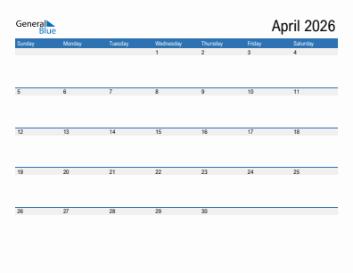 Current month calendar April 2026