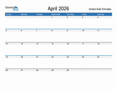 Current month calendar with United Arab Emirates holidays for April 2026