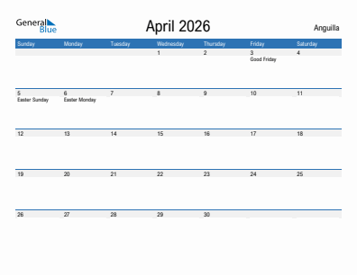 Current month calendar with Anguilla holidays for April 2026