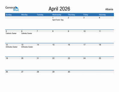 Current month calendar with Albania holidays for April 2026