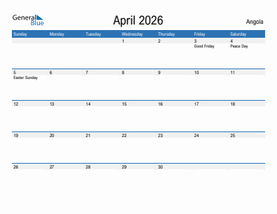 Current month calendar with Angola holidays for April 2026