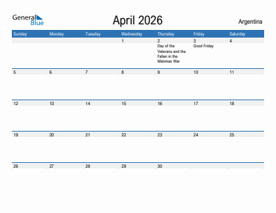 Current month calendar with Argentina holidays for April 2026