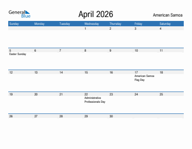 Current month calendar with American Samoa holidays for April 2026