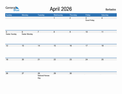 Current month calendar with Barbados holidays for April 2026