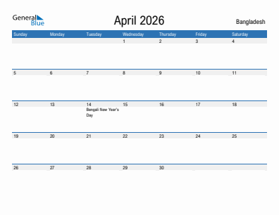 Current month calendar with Bangladesh holidays for April 2026