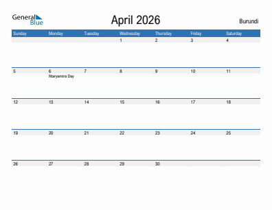 Current month calendar with Burundi holidays for April 2026