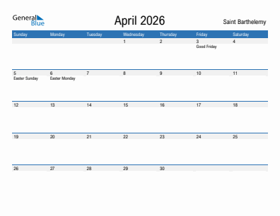 Current month calendar with Saint Barthelemy holidays for April 2026