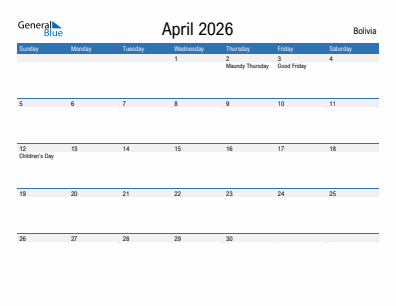 Current month calendar with Bolivia holidays for April 2026