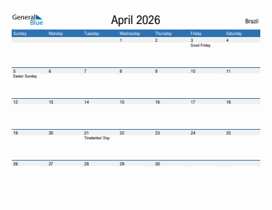 Current month calendar with Brazil holidays for April 2026