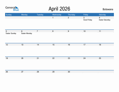 Current month calendar with Botswana holidays for April 2026