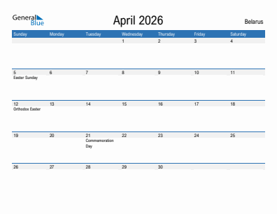 Current month calendar with Belarus holidays for April 2026