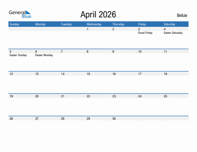 Current month calendar with Belize holidays for April 2026