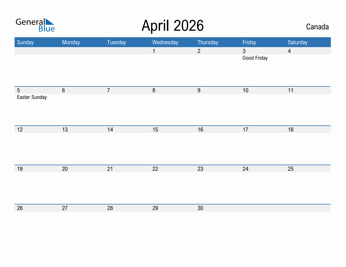 April 2026 Monthly Calendars with Canada Holidays