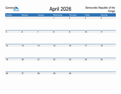 Current month calendar with Democratic Republic of the Congo holidays for April 2026