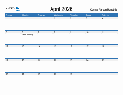 Current month calendar with Central African Republic holidays for April 2026