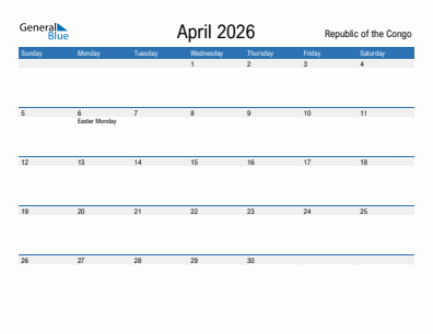 Current month calendar with Republic of the Congo holidays for April 2026