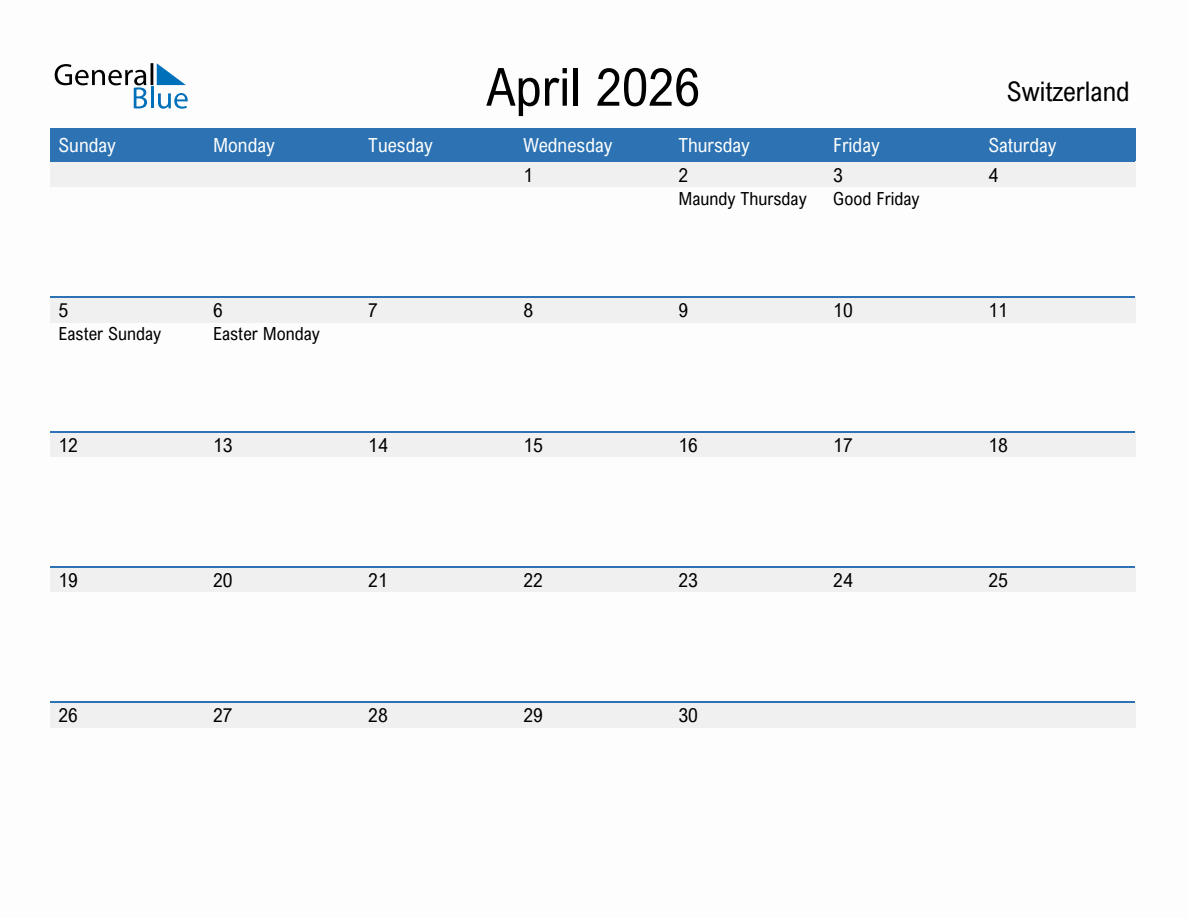 Editable April 2026 Calendar with Switzerland Holidays Editable April 2026 Calendar with Switzerland Holidays
