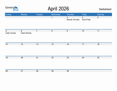 Current month calendar with Switzerland holidays for April 2026