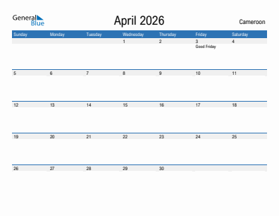 Current month calendar with Cameroon holidays for April 2026